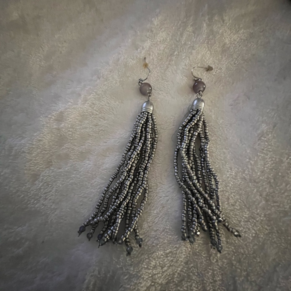 Beaded Tassel Earrings in Silver and Gray